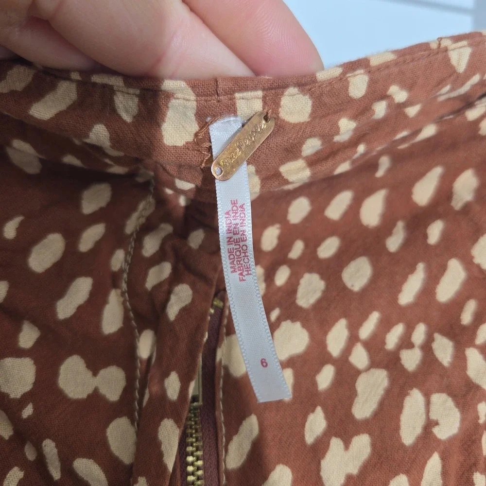 Free People Sz 6 Brown Spotted Lace Up Ruffle Hem Cotton Lounge Shorts‎ Womens
